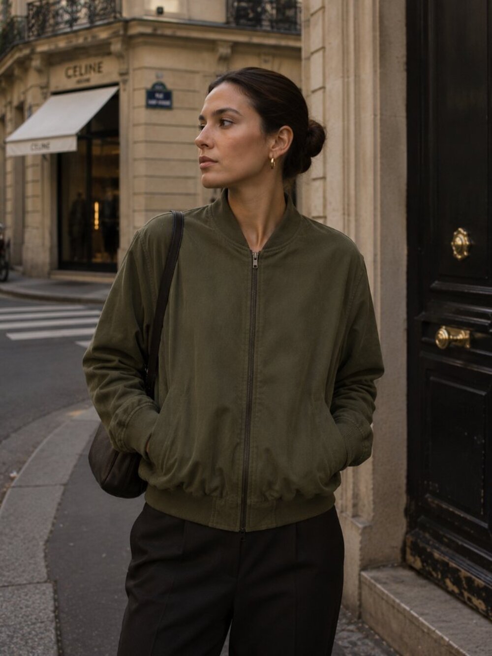 Bomber Jacket faux suede zip up with pockets green olive size L